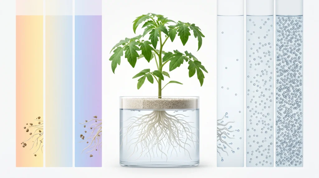Scientific visualization showing optimal hydroponic pH and EC conditions for healthy nutrient uptake