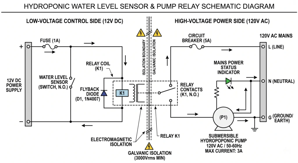 Optical Water Level Sensors vs Float Switches: Engineering Sump Tank Automation 7 Hydroponic water level sensor relay wiring with low and high voltage isolation