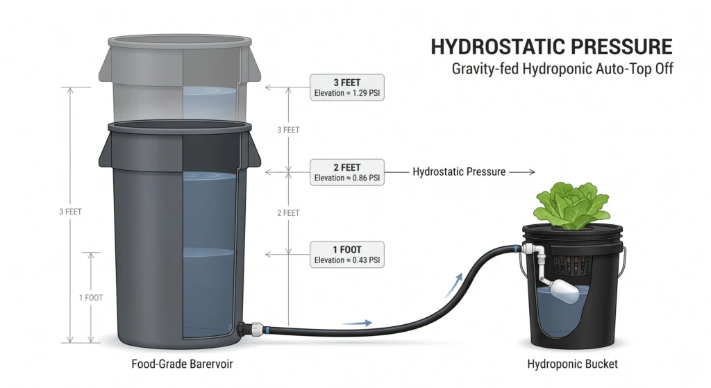 DIY Gravity-Fed Auto-Top Off (ATO) Reservoirs for DWC and Kratky 1 Hydrostatic pressure increases with reservoir height in a gravity-fed hydroponic ATO system