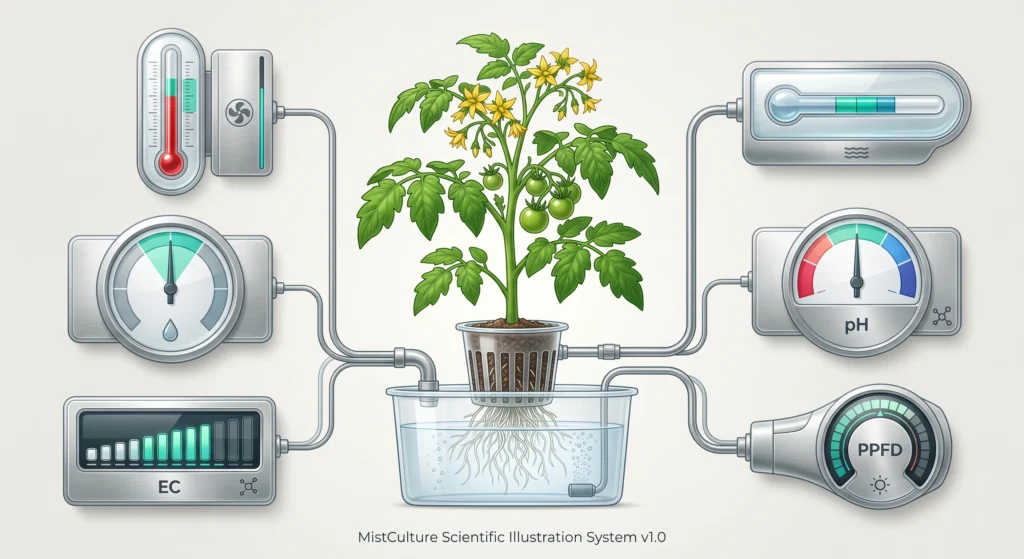 Infographic showing recommended temperature, humidity, pH, EC, water temperature, and PPFD for hydroponic clone quarantine.