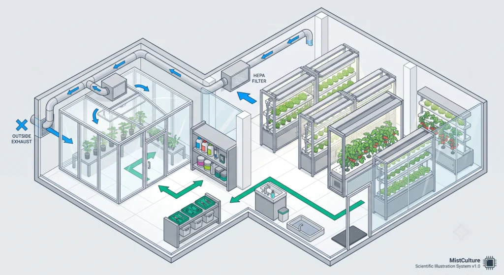 Top-down layout of a hydroponic quarantine area with isolated airflow, dedicated tools, and sanitation workflow.