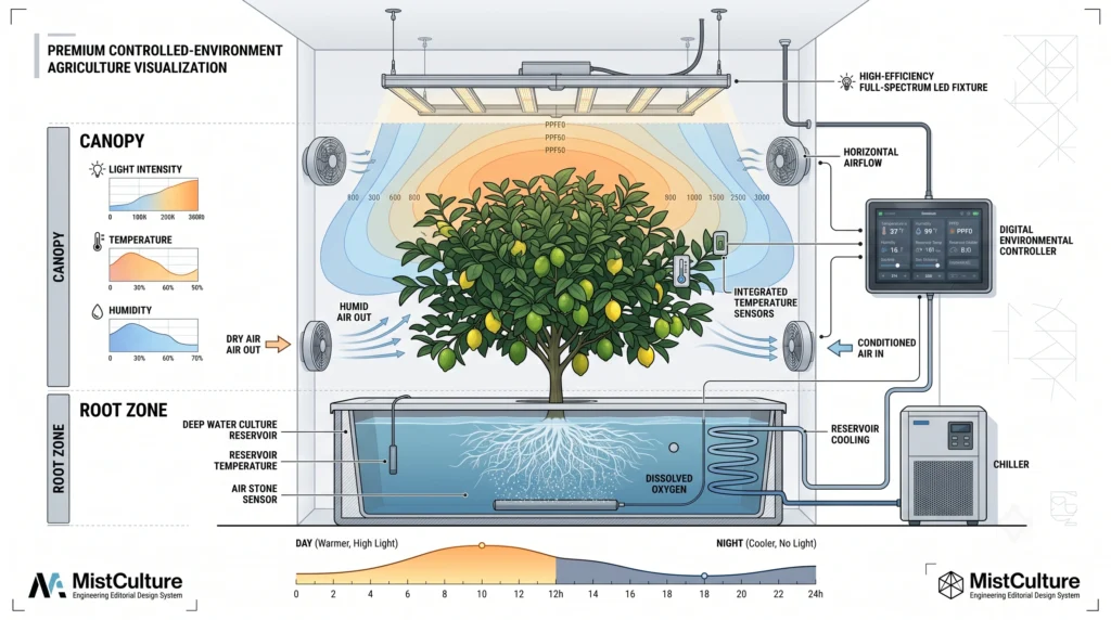 Hydroponic Dwarf Fruit Trees: Engineering DWC Systems for Citrus and Figs 8 Indoor hydroponic fruit tree grow room showing LED lighting, day-night temperature control, humidity management and canopy climate