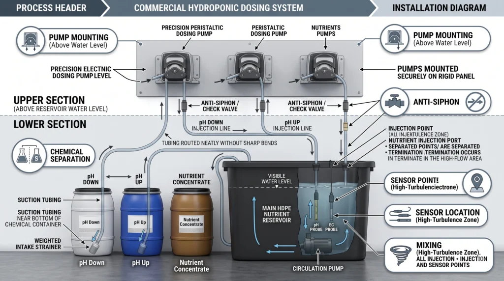 Industrial Peristaltic Dosing Pumps for Automated pH Buffering 11 Industrial dosing pump installation with chemical containers, injection lines and reservoir mixing zone