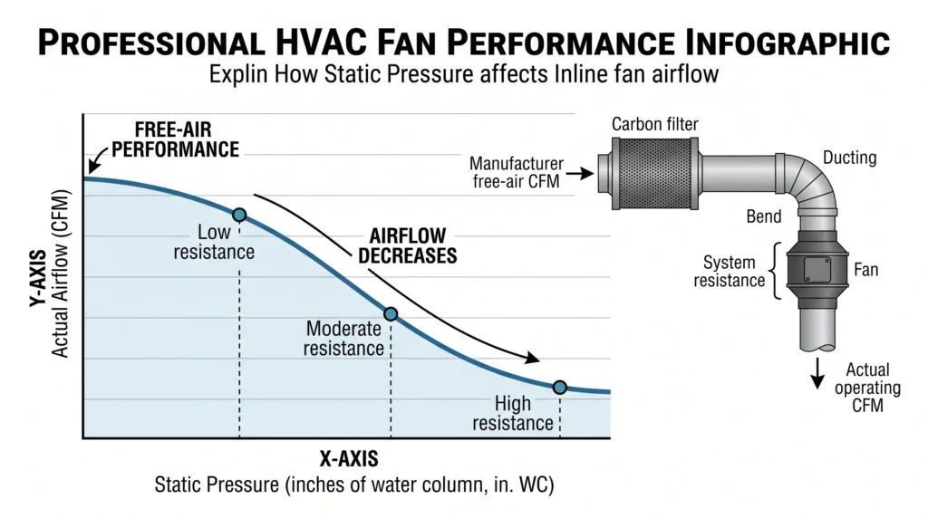Inline fan performance curve showing airflow decline as static pressure increases
