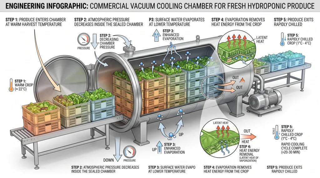 Technical cutaway infographic showing vacuum cooling rapidly reducing the temperature of packaged hydroponic greens