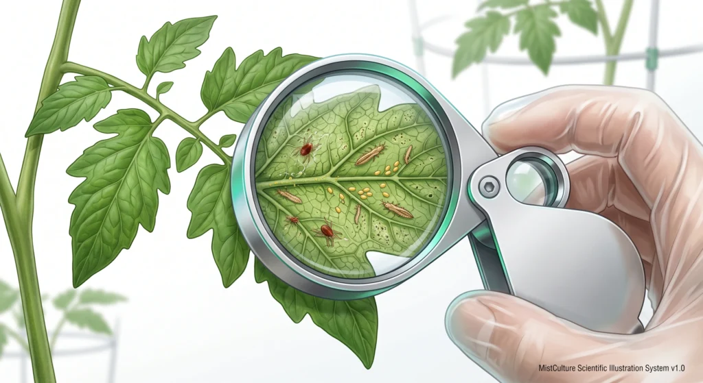 Close-up scientific illustration of inspecting the underside of hydroponic tomato leaves using a jeweler's loupe for early pest detection.