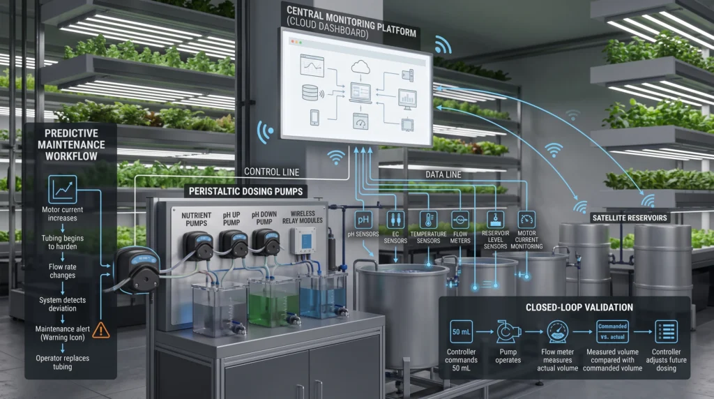 Industrial Peristaltic Dosing Pumps for Automated pH Buffering 17 IoT hydroponic dosing architecture with sensors, flow monitoring and predictive maintenance
