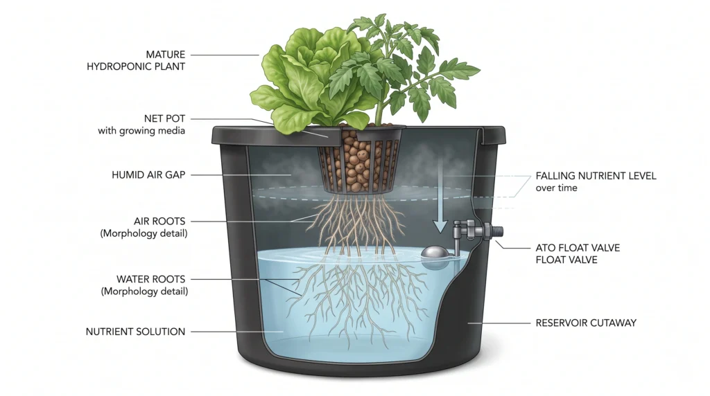 DIY Gravity-Fed Auto-Top Off (ATO) Reservoirs for DWC and Kratky 6 Kratky hydroponic root system showing submerged water roots and exposed air roots above the nutrient solution