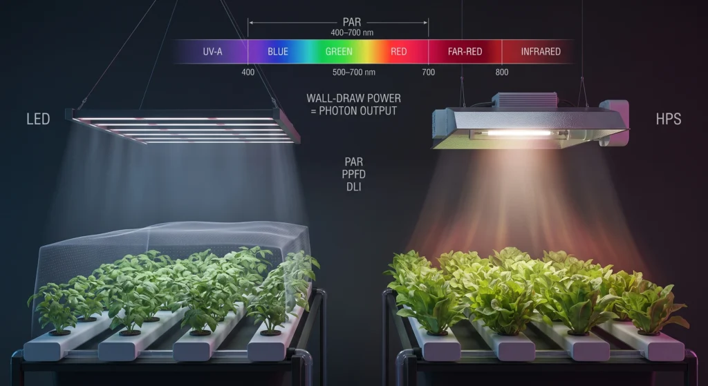 No-BS Hydroponic Gear Guide: What Actually Works for Tomatoes, Peppers, and Greens 4 LED versus HPS hydroponic grow lighting showing PAR spectrum PPFD distribution and canopy uniformity