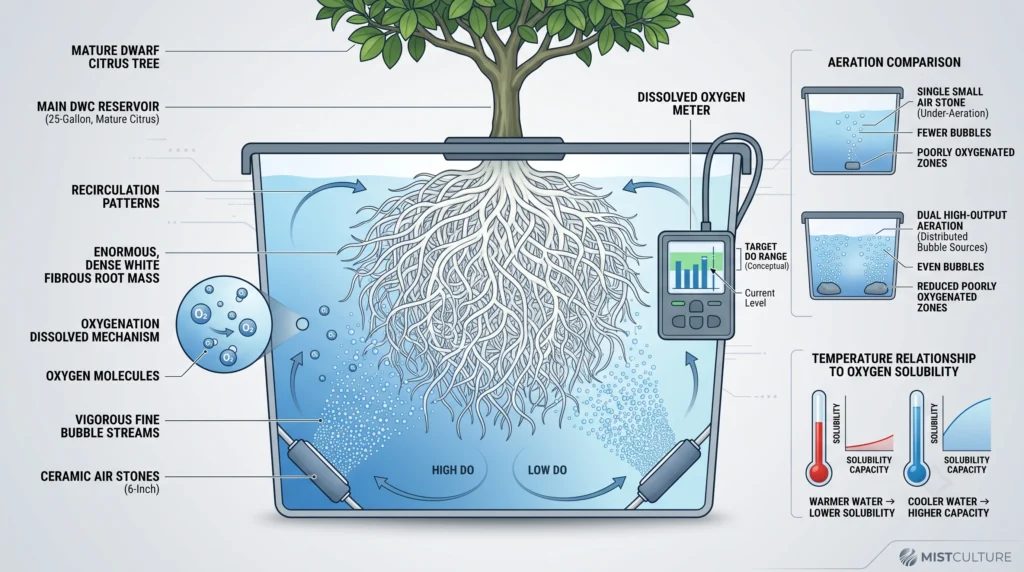 Hydroponic Dwarf Fruit Trees: Engineering DWC Systems for Citrus and Figs 4 Dual air stone aeration system oxygenating a large DWC reservoir containing dwarf fruit tree roots