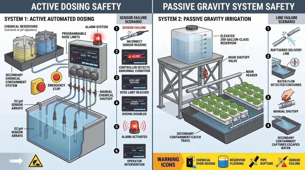 Hydroponic reservoir safety system with dosing lockouts, shutoff valves and secondary containment