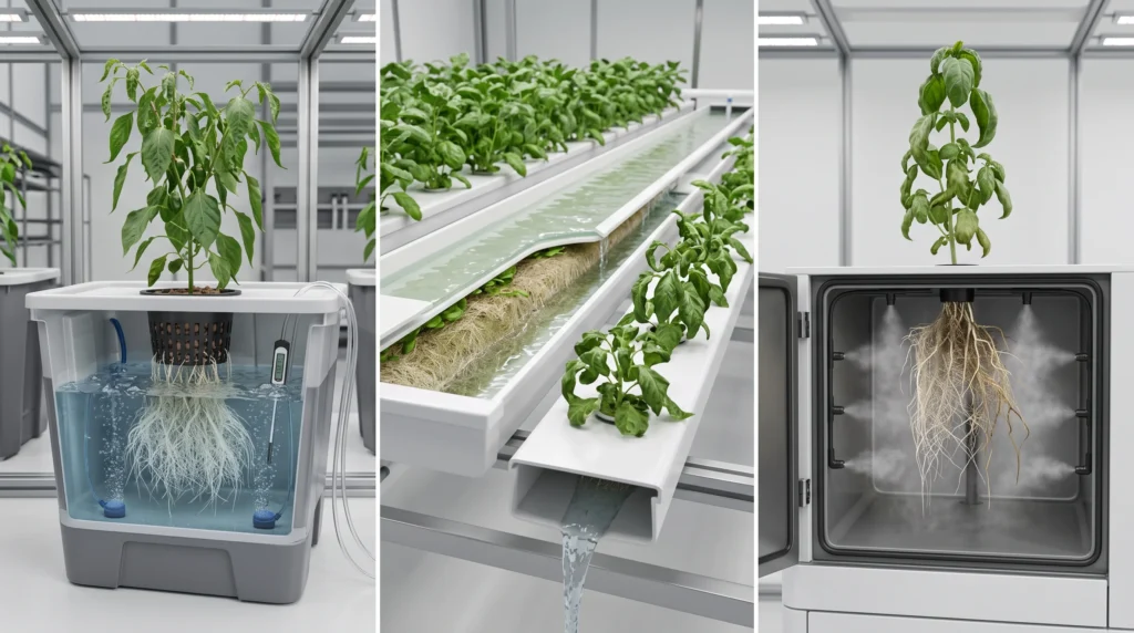 Comparison of DWC NFT and aeroponic systems showing different causes of hydroponic leaf curling