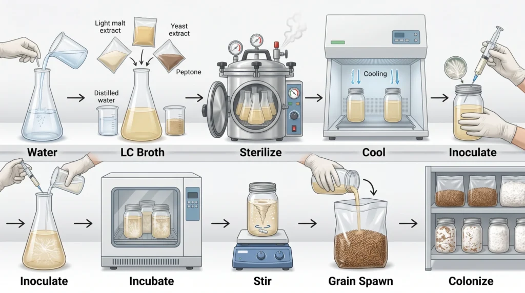 Hydroponic Culinary Mushrooms: Liquid Culture & Substrate Integration 1 Liquid culture mushroom spawn production workflow from sterile broth to colonized grain