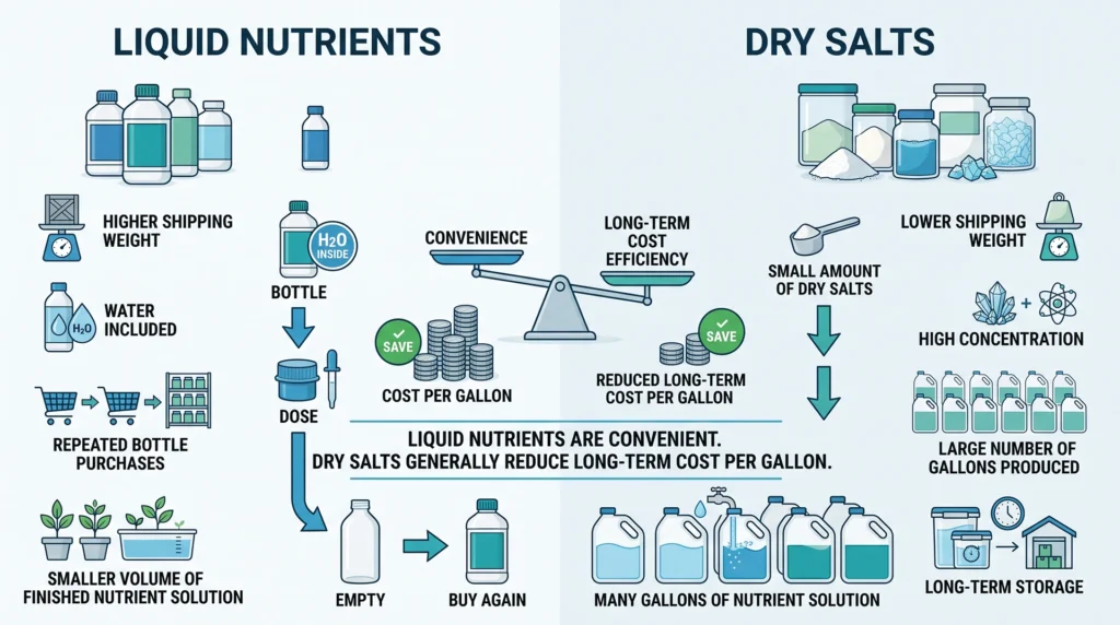 How Much Does a Hydroponic System Cost? Budget Breakdowns for Every Setup 10 Hydroponic nutrient cost infographic comparing recurring expenses of bottled liquid nutrients with dry fertilizer salts
