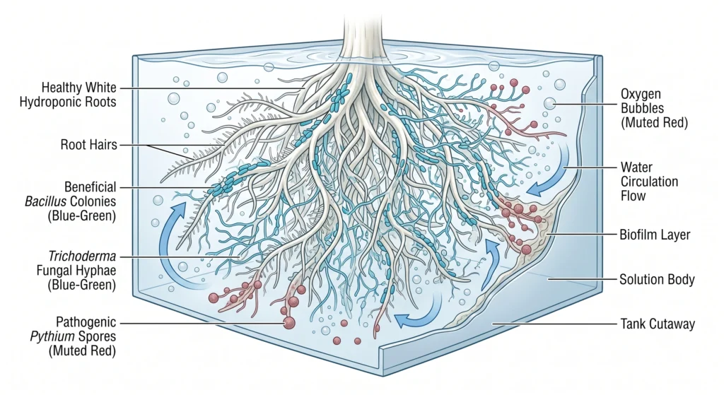 Bacillus vs Trichoderma for DWC: Which Beneficial Microbe Actually Wins? 2 Illustration showing beneficial microbes protecting hydroponic roots from harmful pathogens.