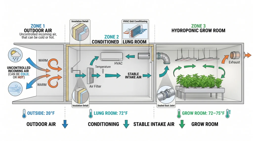 Scientific diagram showing a conditioned lung room buffering outdoor air before it enters a hydroponic grow room