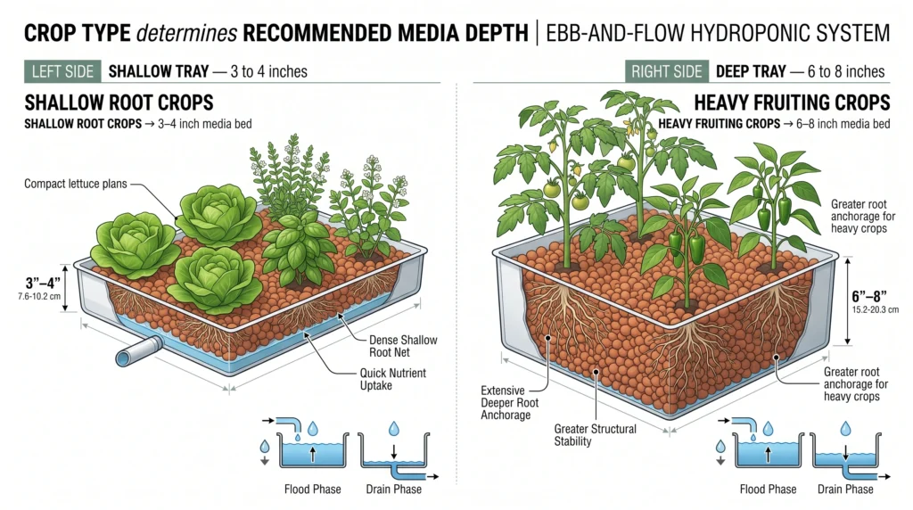Comparison infographic showing shallow three to four inch trays for lettuce and herbs and deeper six to eight inch media beds for tomatoes and peppers.