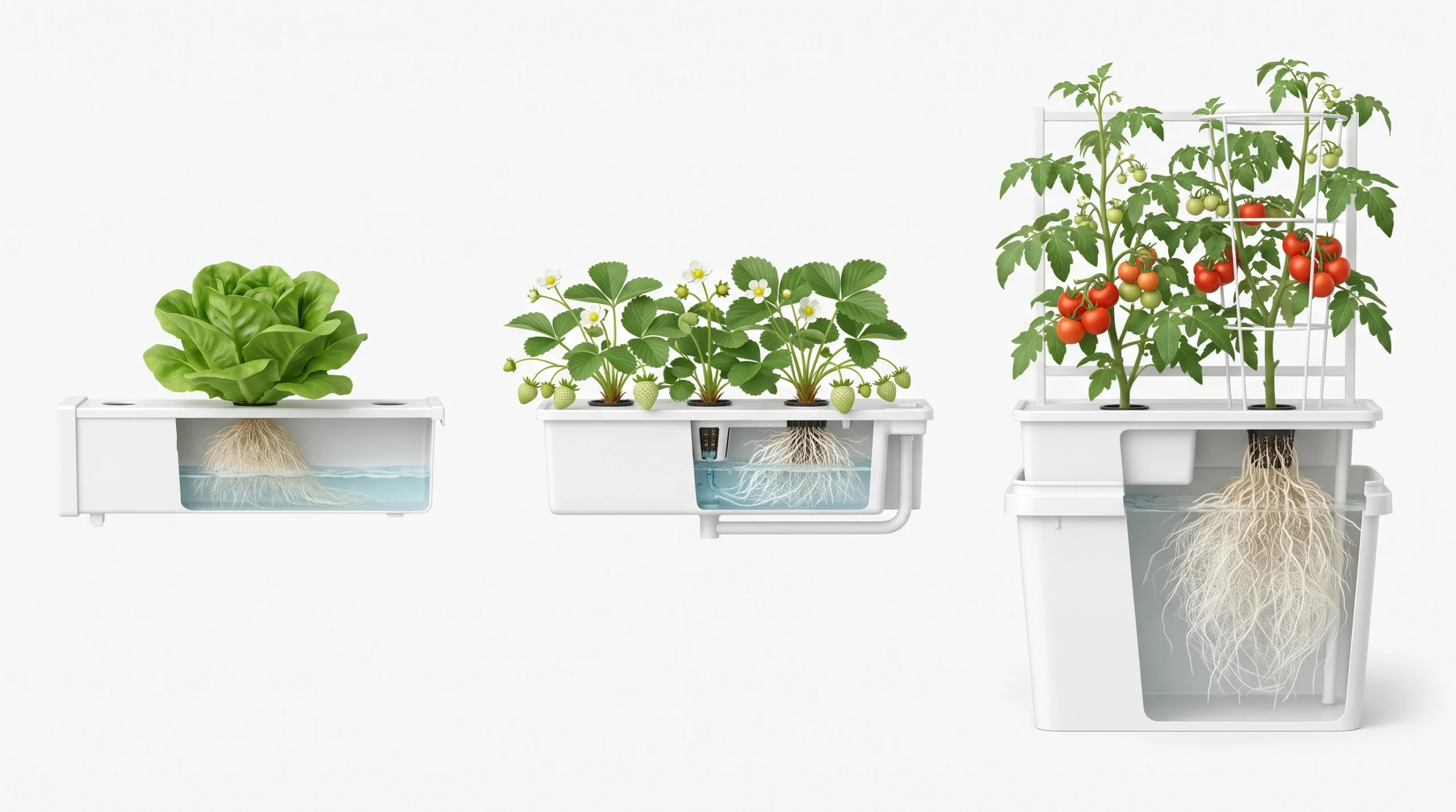 10 Biggest Hydroponic Mistakes Beginners Make (And How to Avoid Them) 8 Premium visual comparison showing leafy greens, strawberries and fruiting crops matched to appropriate hydroponic system sizes