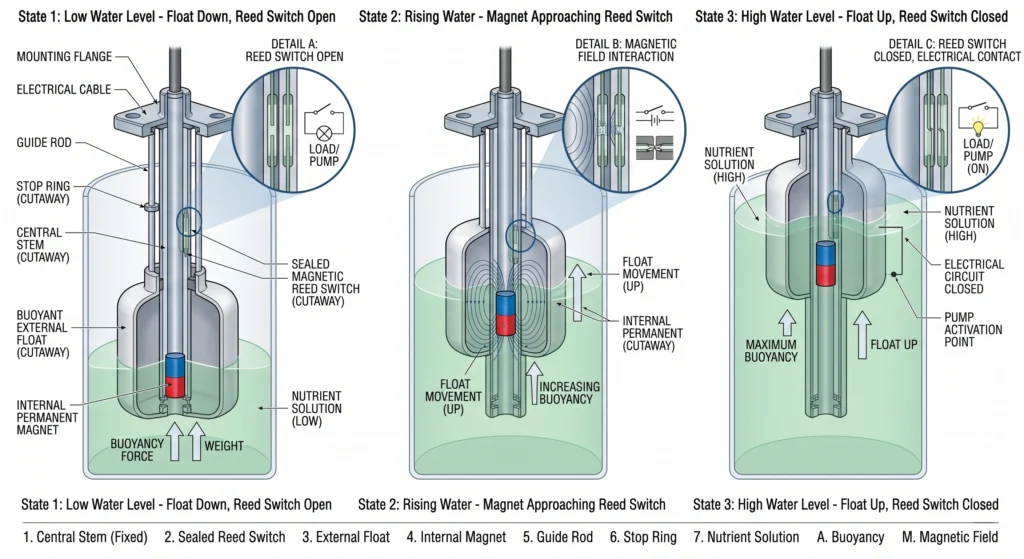 Optical Water Level Sensors vs Float Switches: Engineering Sump Tank Automation 1 Mechanical float switch showing buoyancy and magnetic reed switch operation