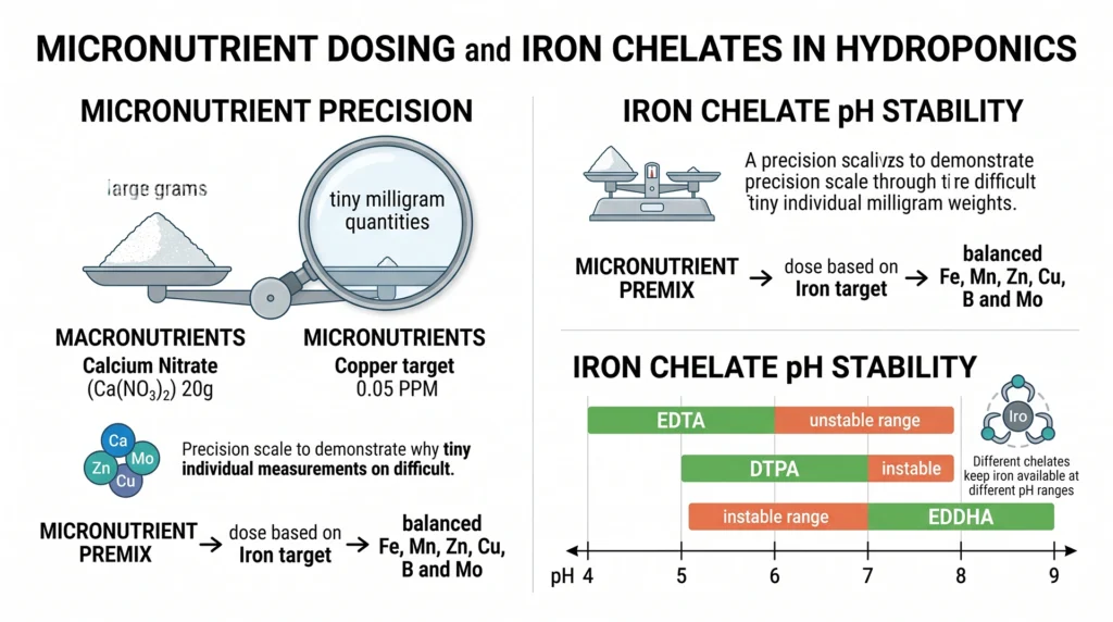 Scientific infographic comparing EDTA, DTPA and EDDHA iron chelates across different hydroponic pH ranges