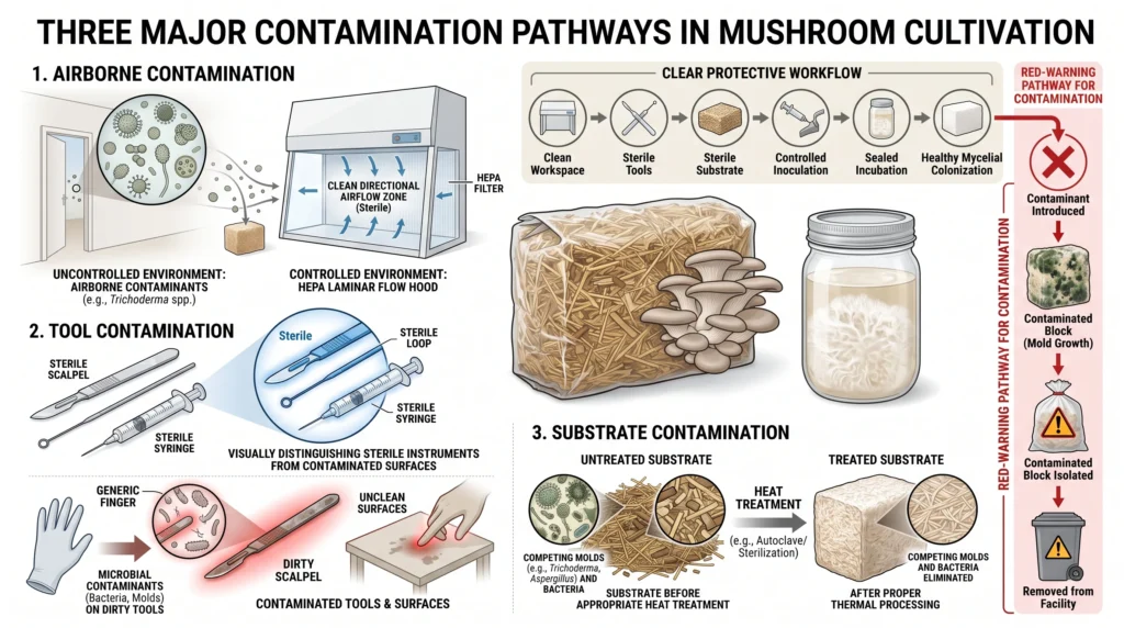 Hydroponic Culinary Mushrooms: Liquid Culture & Substrate Integration 10 Mushroom cultivation contamination control showing sterile air, tools and substrate