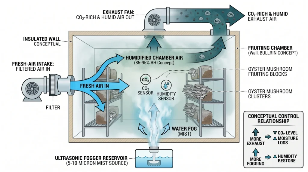 Hydroponic Culinary Mushrooms: Liquid Culture & Substrate Integration 5 Mushroom fruiting tent airflow showing fresh air exchange, CO2 exhaust and ultrasonic fogging