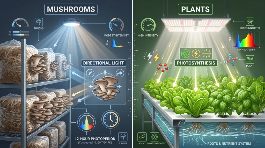 Hydroponic Culinary Mushrooms: Liquid Culture & Substrate Integration 6 Comparison of low-intensity mushroom lighting and high-intensity hydroponic grow lighting