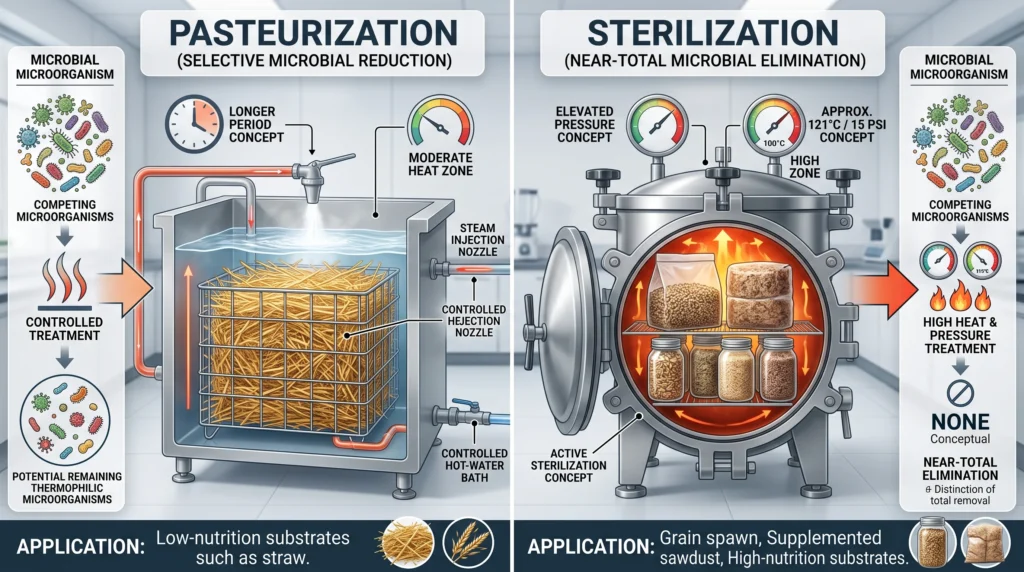 Hydroponic Culinary Mushrooms: Liquid Culture & Substrate Integration 11 Mushroom substrate pasteurization versus sterilization process comparison