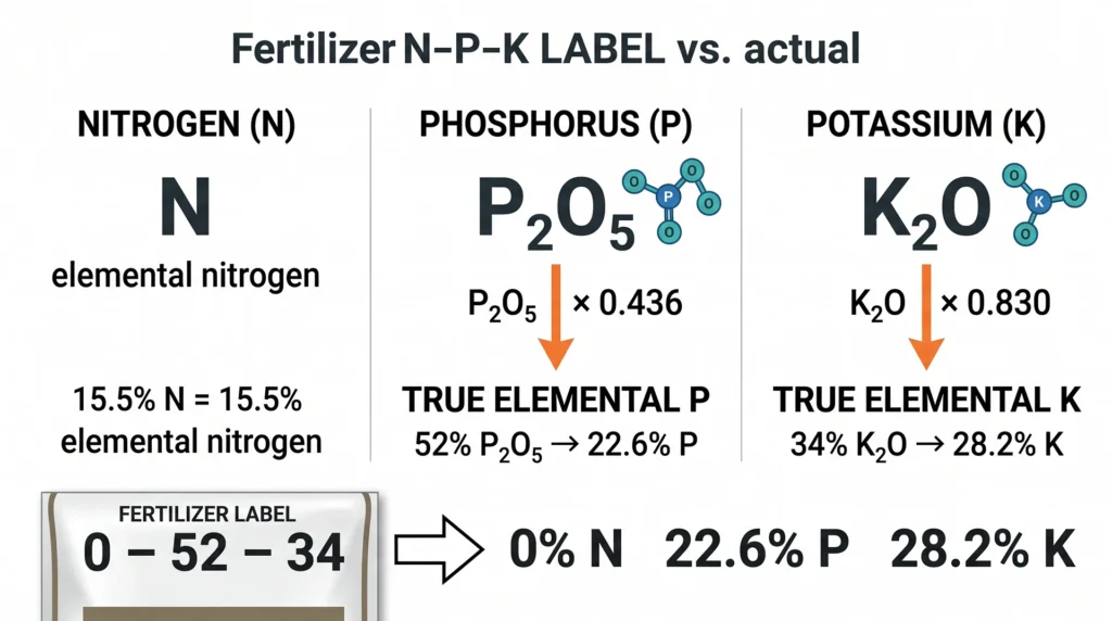 Scientific infographic showing how fertilizer P2O5 and K2O values convert into actual elemental phosphorus and potassium