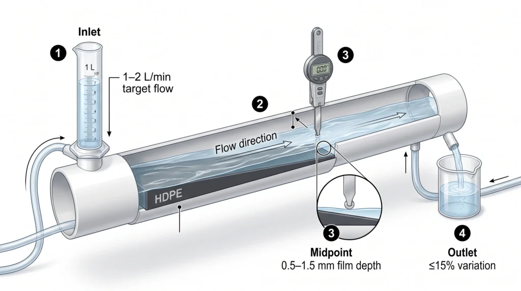 Turn PVC Pipe Into a Real NFT Channel: The Crown Wedge Method 10 Hydroponic NFT calibration showing flow rate measurement and nutrient film depth testing