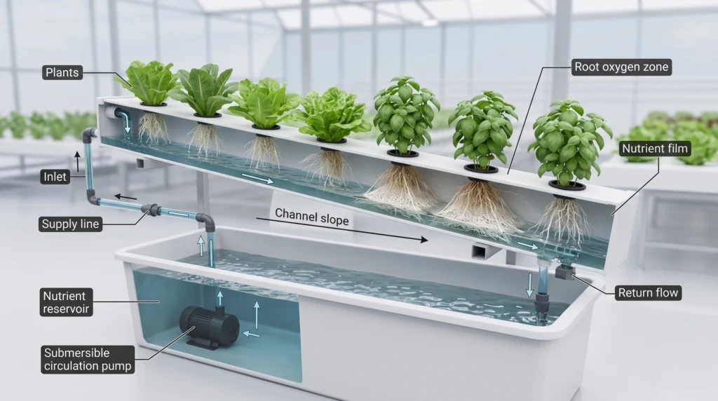 NFT hydroponic channel showing slope, shallow nutrient film, root zone and oxygen exposure