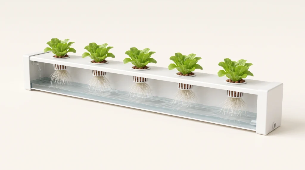 Scientific cutaway showing a thin nutrient film flowing beneath plant roots in an NFT hydroponic channel