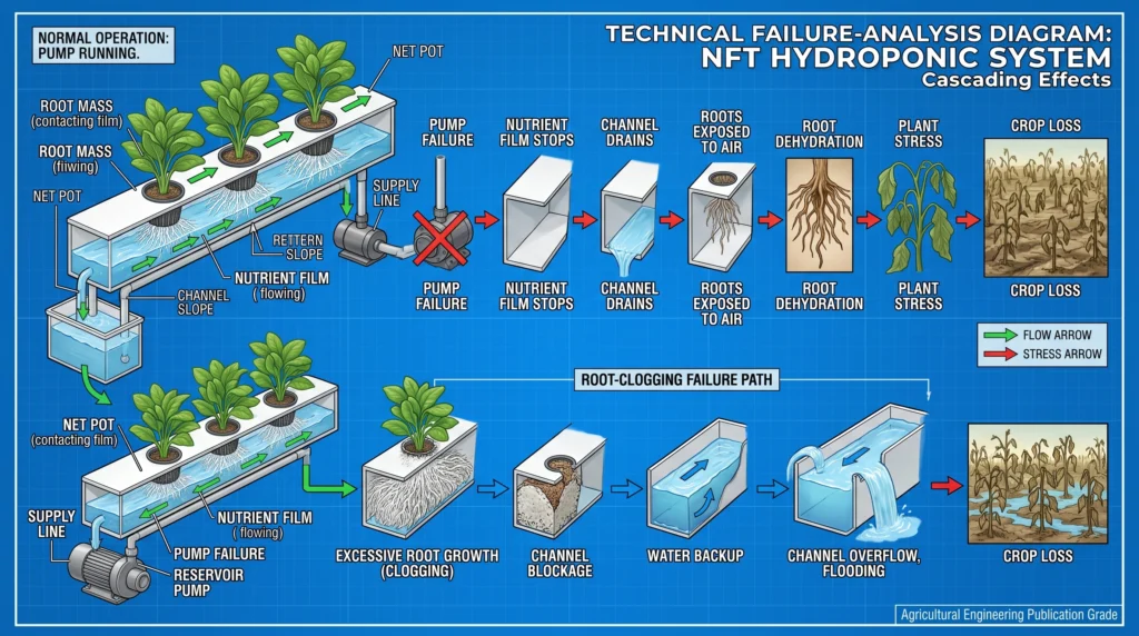 NFT pump failure diagram showing nutrient flow interruption exposed roots and crop damage