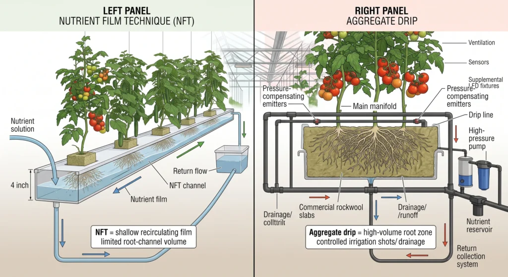 Hydroponic Greenhouse Cucumber and Tomato Production Systems 2 NFT versus aggregate drip irrigation system for hydroponic greenhouse production