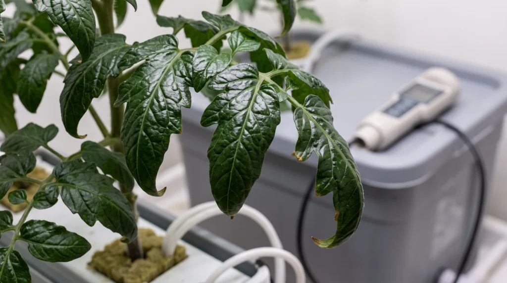 Dark green hydroponic leaves curling downward from nitrogen toxicity and high EC nutrient stress