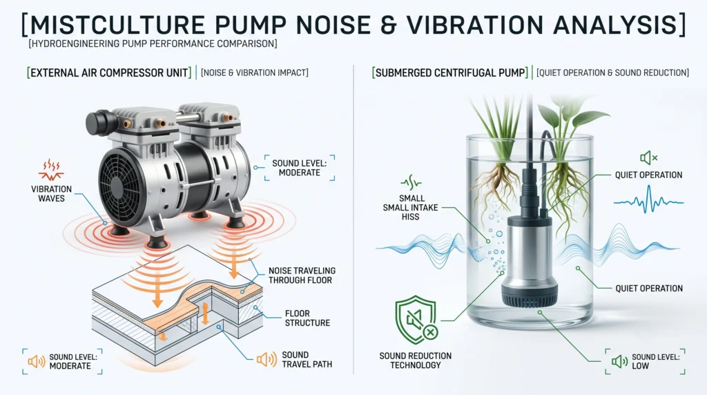 Comparison of sound sources produced by diaphragm air pumps and Venturi injectors.