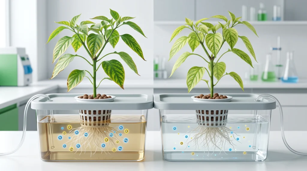 Nutrient Lockout vs Deficiency in Hydroponics: Diagnosis and Recovery Protocol 1 Side-by-side hydroponic plants showing identical nutrient deficiency symptoms caused by nutrient lockout and true nutrient deficiency