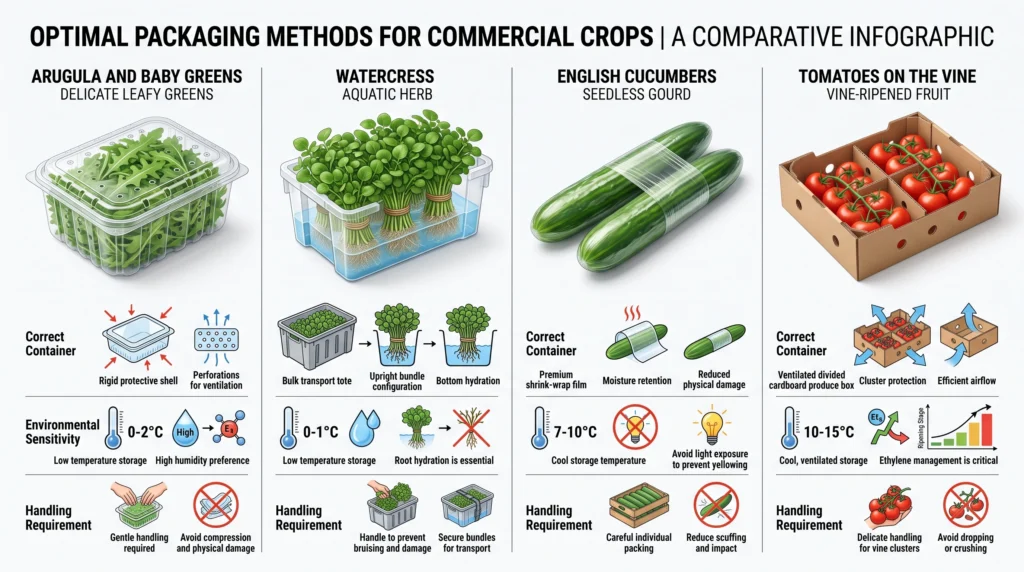 Packaging comparison infographic showing optimal containers for arugula, watercress, cucumbers and tomatoes on the vine