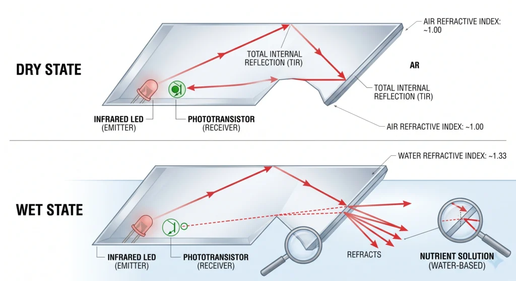 Optical Water Level Sensors vs Float Switches: Engineering Sump Tank Automation 2 Optical water level sensor detecting liquid through infrared refraction