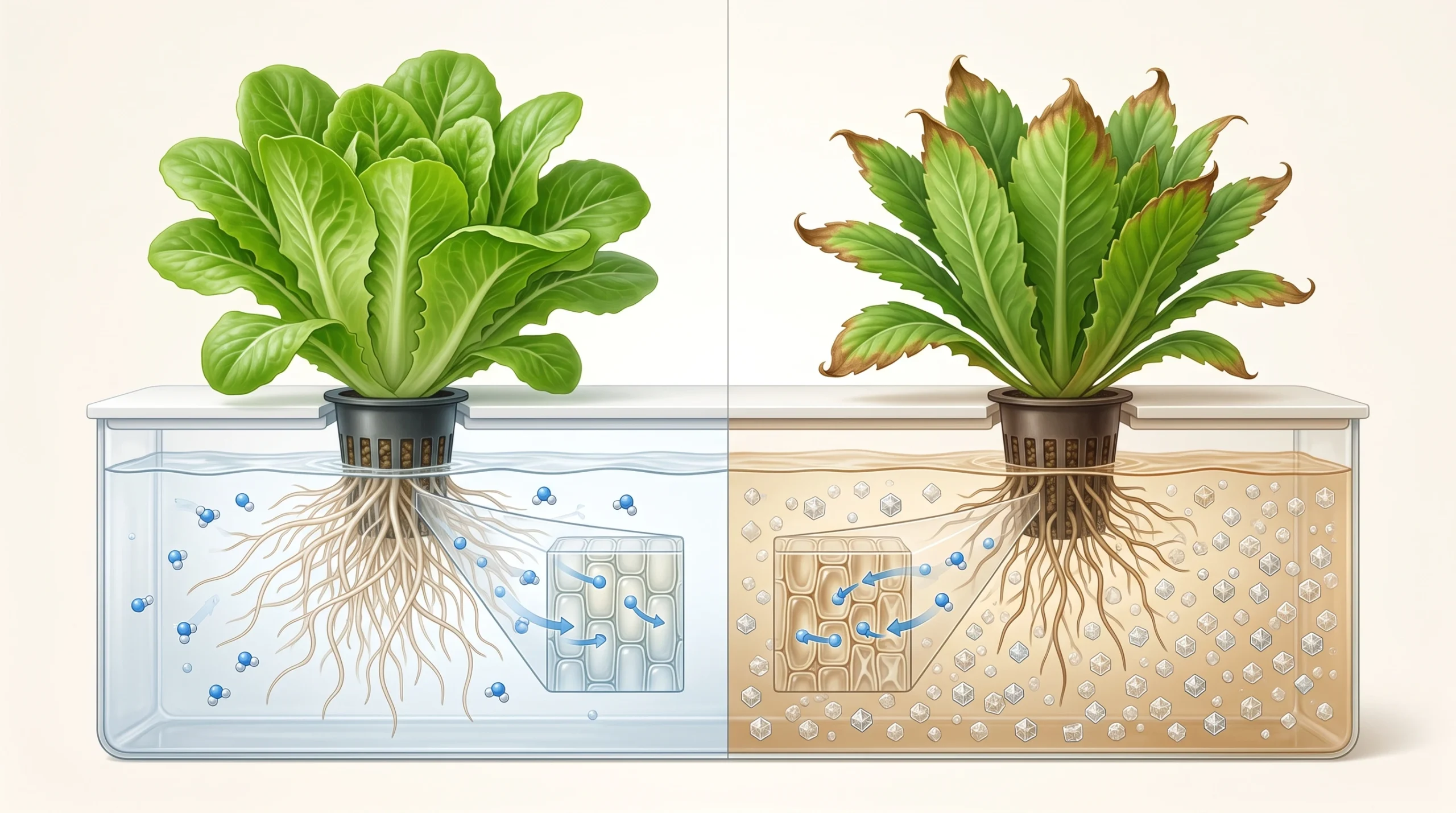 10 Biggest Hydroponic Mistakes Beginners Make (And How to Avoid Them) 6 Scientific comparison showing healthy hydroponic roots in balanced nutrient solution versus osmotic stress from excessive EC