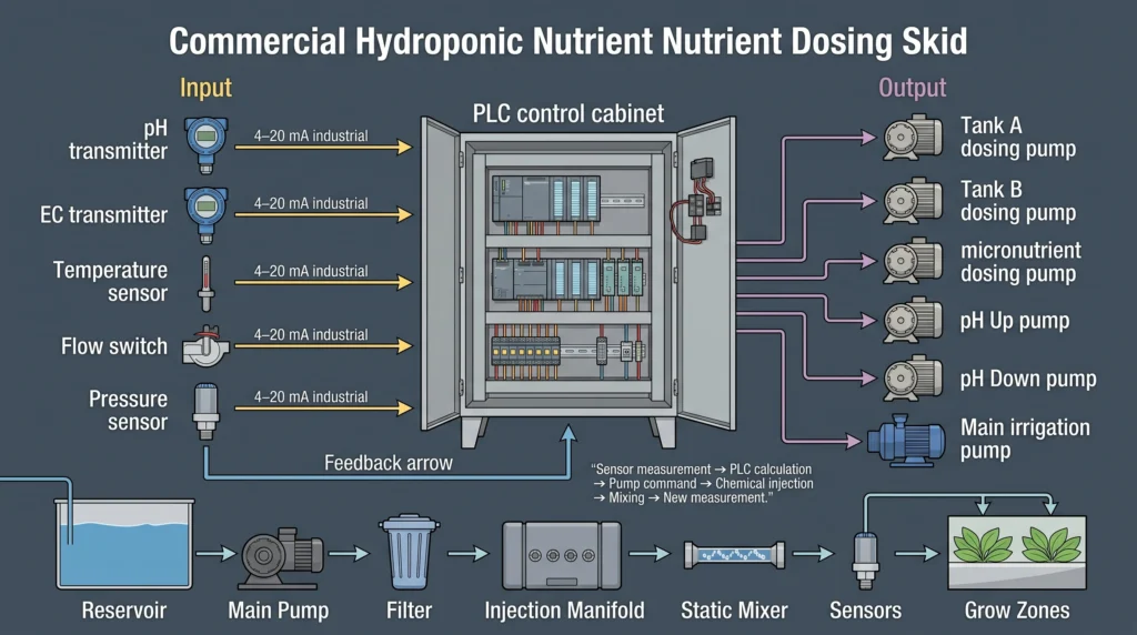 PLC-controlled hydroponic dosing system integrating pH, EC, flow sensors, peristaltic pumps, and nutrient manifold
