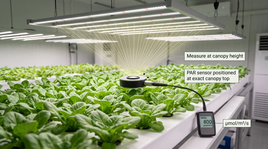 Pulse Pro Environmental Monitor Review: Precision VPD, Light, and CO2 Tracking 7 PPFD meter measuring photosynthetic photon flux density at hydroponic plant canopy level