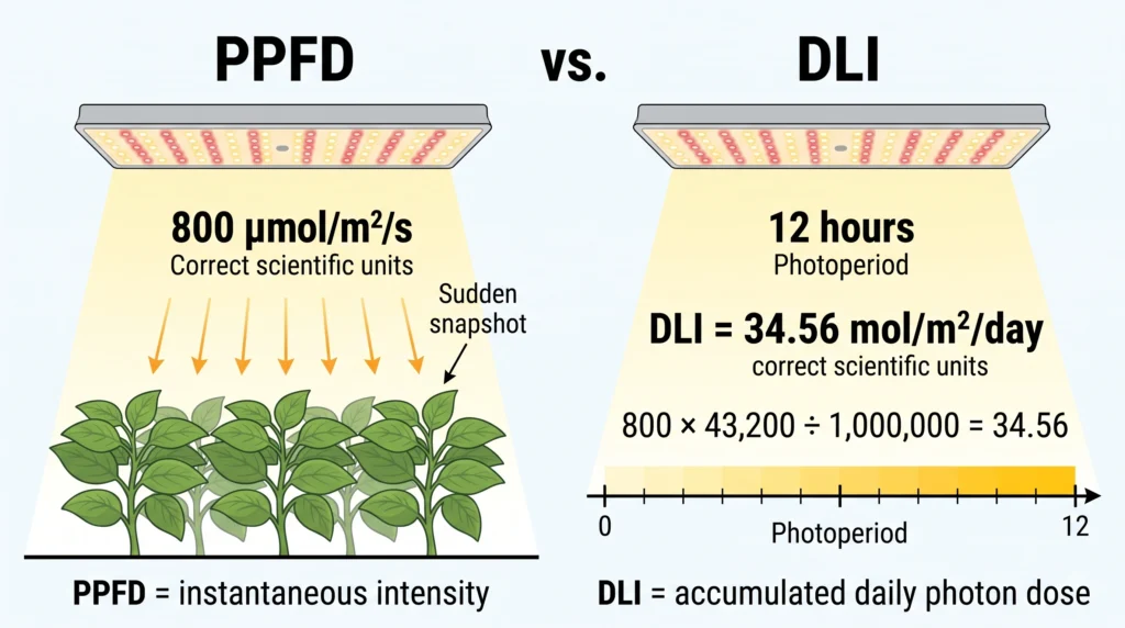 Pulse Pro Environmental Monitor Review: Precision VPD, Light, and CO2 Tracking 8 Diagram comparing instantaneous PPFD with accumulated daily light integral DLI