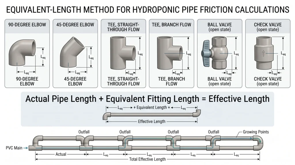 Hydroponic Pump Sizing: Calculating True GPH and Head Loss 5 Hydroponic plumbing diagram showing equivalent pipe length for elbows, tees and valves