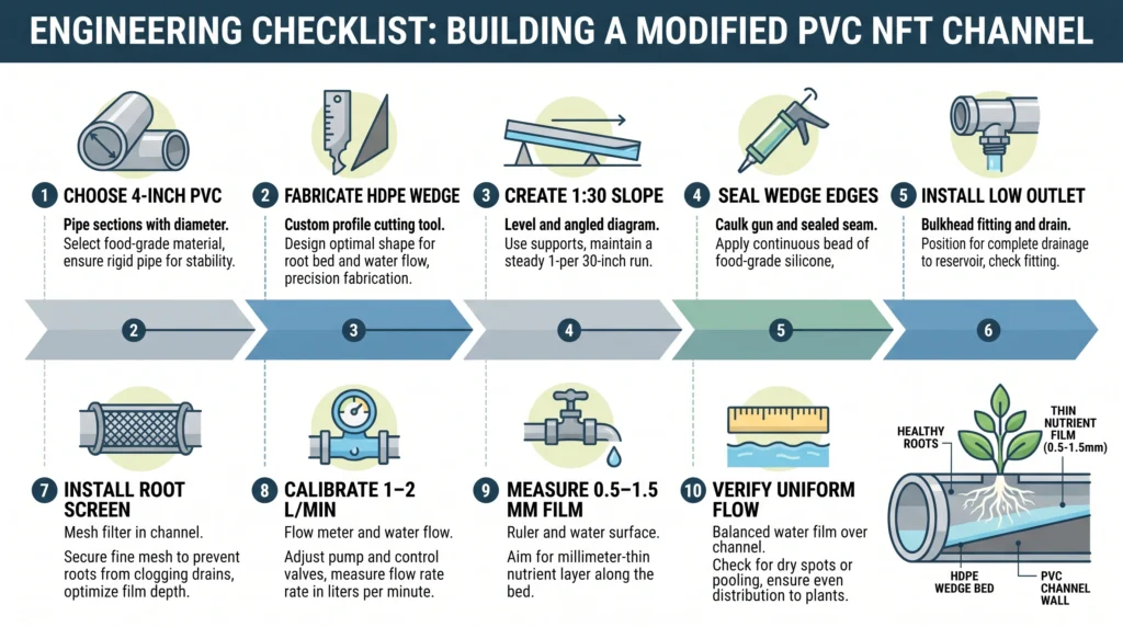 Turn PVC Pipe Into a Real NFT Channel: The Crown Wedge Method 13 PVC NFT crown wedge checklist covering geometry, slope, outlet, sealing, flow, and film depth