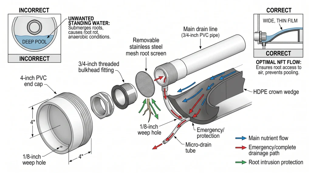 Turn PVC Pipe Into a Real NFT Channel: The Crown Wedge Method 8 Detailed PVC NFT outlet showing bulkhead fitting, weep hole, root screen, and drainage path
