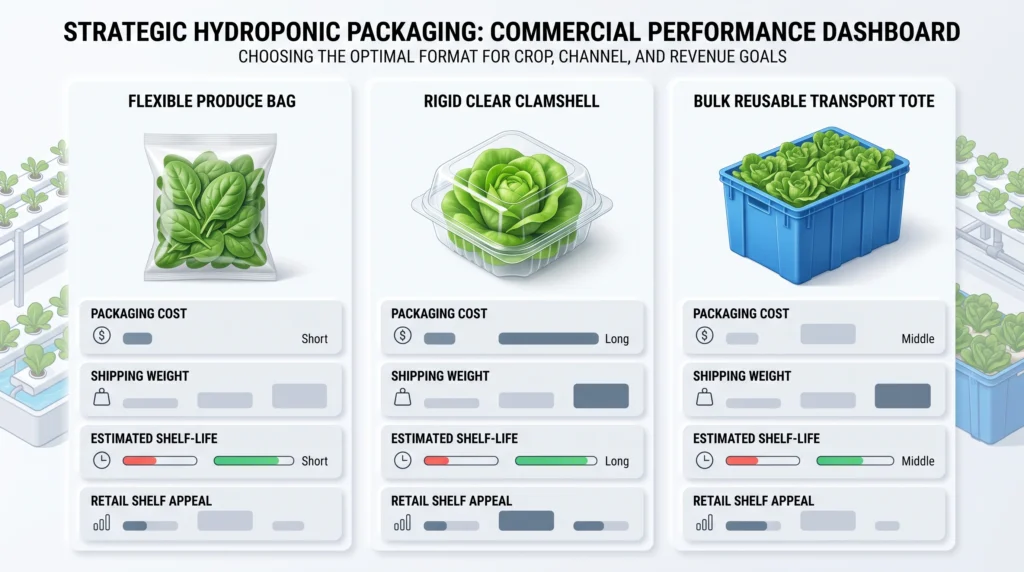 Dashboard-style infographic comparing hydroponic produce packaging cost, container weight, shelf life and retail appeal