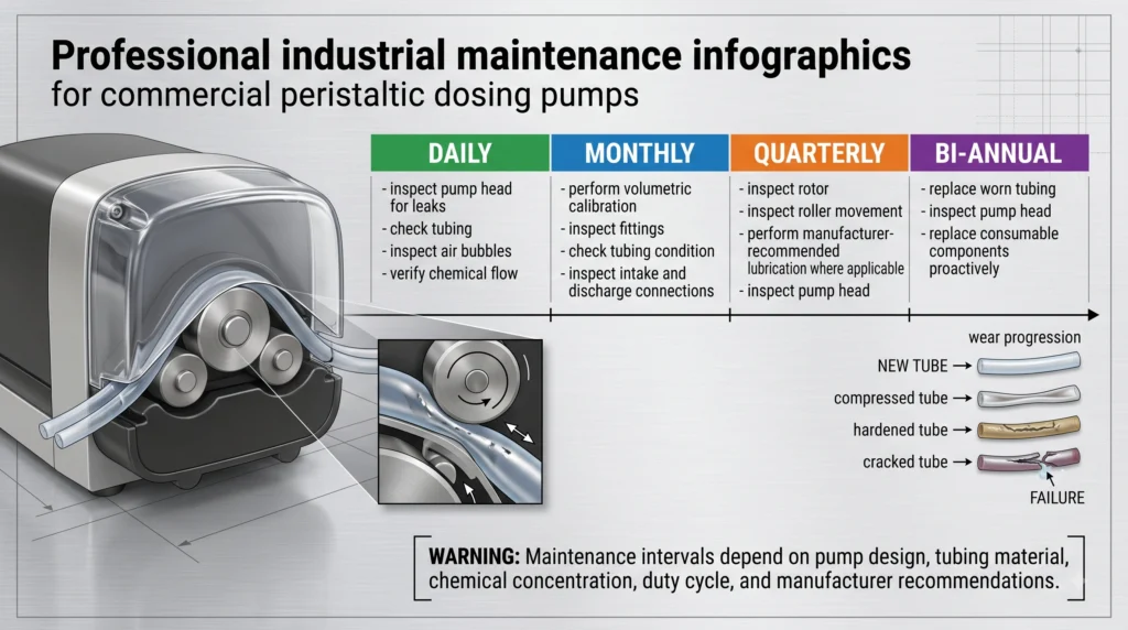 Industrial Peristaltic Dosing Pumps for Automated pH Buffering 12 Peristaltic dosing pump tubing inspection, calibration and maintenance schedule