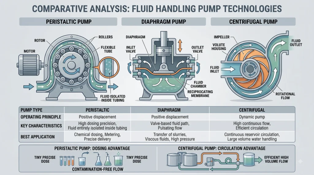 Industrial Peristaltic Dosing Pumps for Automated pH Buffering 2 Comparison of peristaltic, centrifugal and diaphragm pump mechanisms for fluid delivery