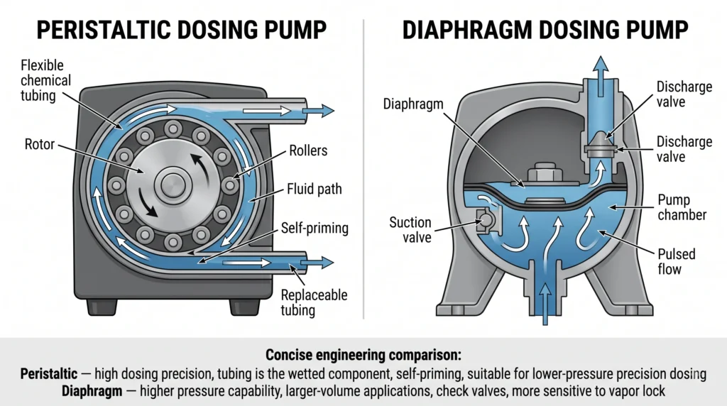 Peristaltic and diaphragm dosing pump comparison for commercial hydroponic nutrient injection